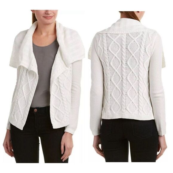 CAbi White Cable Sweater Knit Open Cardigan Size Medium - Picture 3 of 10